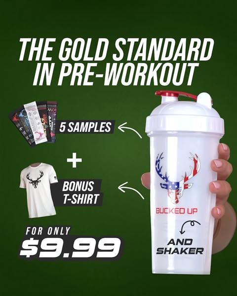 A high-conversion 4:5 ad creative featuring a pre-workout shaker, five sample packets, and a bonus t-shirt for a low price point.